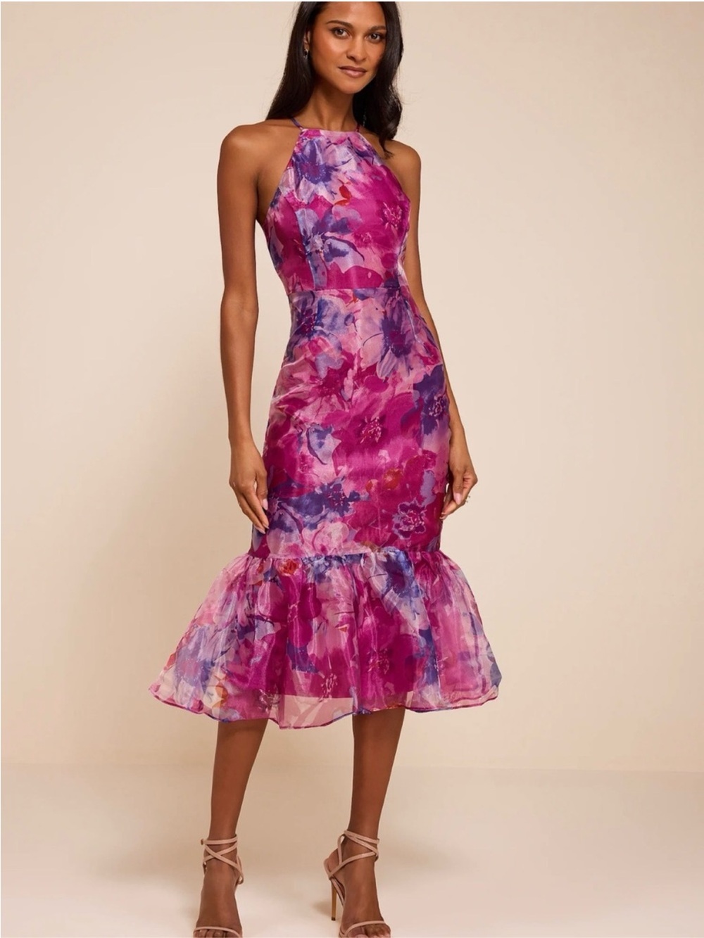 NWT. Lulu's Magenta Purple Floral Halter Midi Dress Size Small